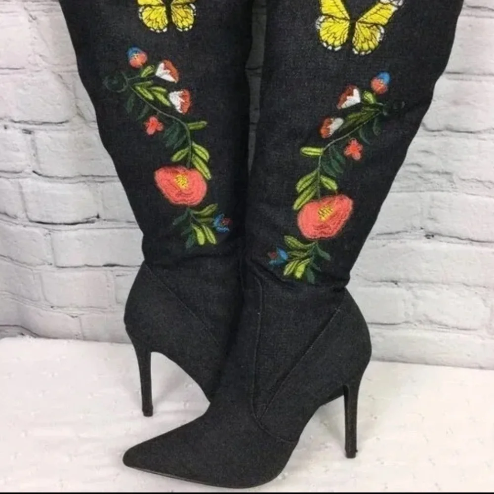 Vintage Denim Over the Knee Slouchy Boot Embroidered Butterflies Point Toe Size7